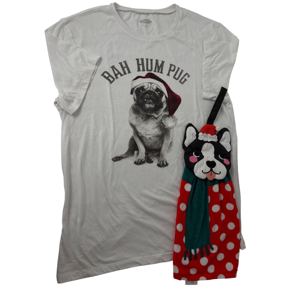 Old‎ Navy Womens Size Medium White Bah Hum Pug Christmas Graphic T Shirt & Towel
